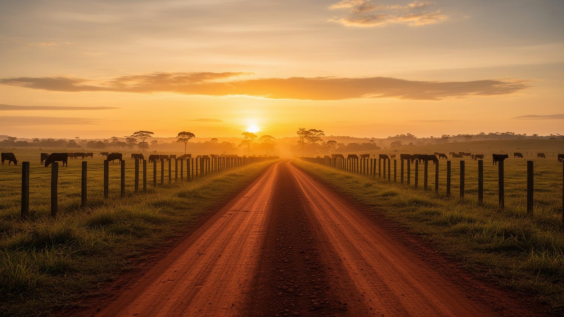 Estrada rural ao entardecer na fazenda