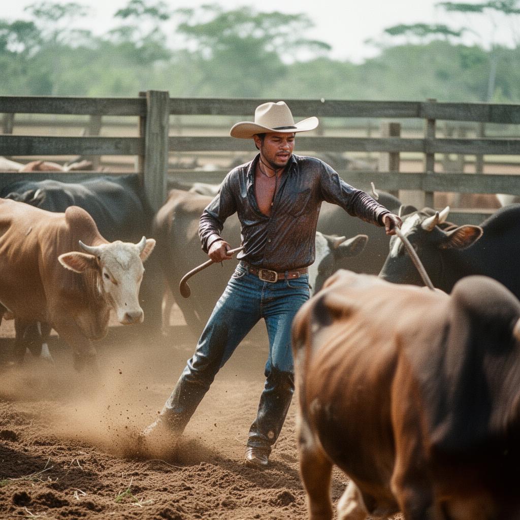 Vaqueiro em curral ao amanhecer