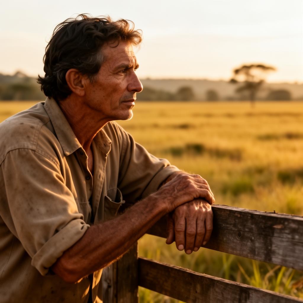 Homem do campo observando o pasto ao entardecer